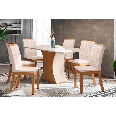 Conjunto Mesa De Cozinha Luiza Tampo Madeirado Com Vidro 160x90cm E 6 Cadeiras Isa Nature Linho Henn