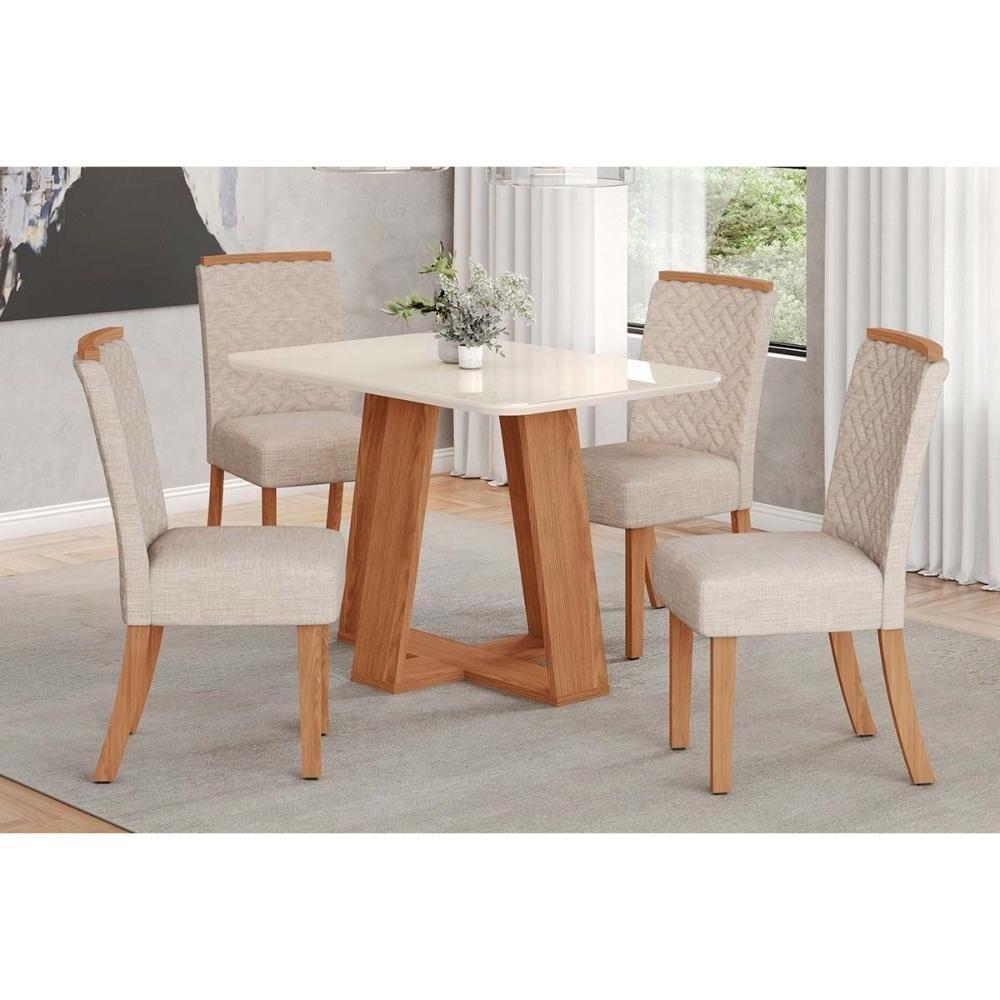Conjunto Mesa De Cozinha Lins Com Tampo Madeirado Com Vidro Curvo 120x80cm E 4 Cadeiras Malu Nature Linho Henn - 1