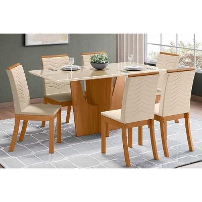 Conjunto Mesa De Cozinha Vértice Com Tampo Reto Madeirado Com Vidro 160x80cm E 6 Cadeiras Isa Nature Linho Henn