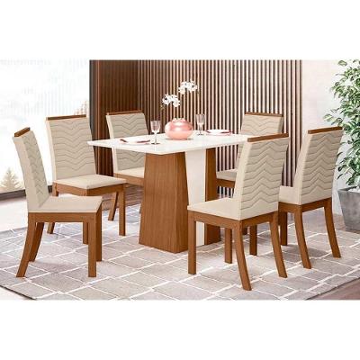 Conjunto Mesa De Cozinha Orus Tampo Madeirado 120x80cm E 6 Cadeiras Isa Nature Off White Linho Bege Henn