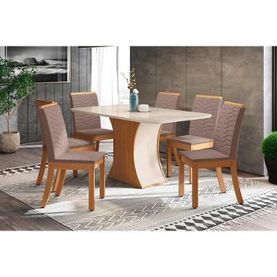 Conjunto Mesa De Cozinha Luiza Com Tampo De Vidro 160x90cm E 6 Cadeiras Isa Nature Off White Suede Marrom Henn