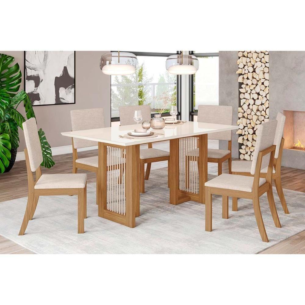 Conjunto Mesa De Cozinha Yara Com Tampo Madeirado Com Vidro Reto 160x90cm E 6 Cadeiras Milla Nature Linho Henn - 1
