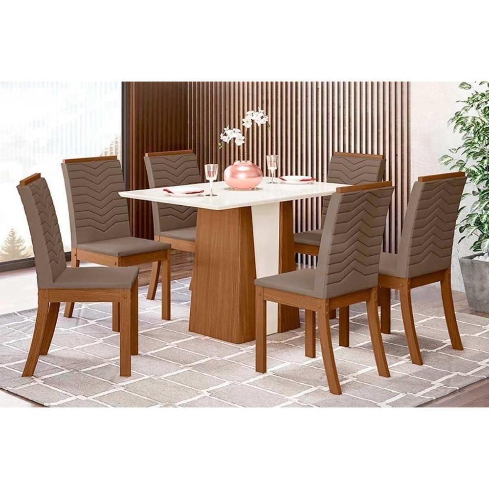 Conjunto Mesa De Cozinha Orus Tampo Madeirado 120x80cm E 6 Cadeiras Isa Nature Off White Suede Marrom Henn - 1