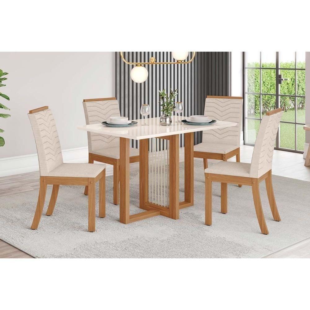 Conjunto Mesa De Cozinha Natalí Com Tampo Madeirado Com Vidro Reto 120x80cm E 4 Cadeiras Isa Nature Linho Henn - 1