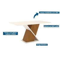 Conjunto Mesa De Cozinha Solus Tampo Madeirado Com Vidro Canto Reto 160x90cm E 6 Cadeiras Vita Nature Linho Henn - 6