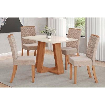 Conjunto Mesa De Cozinha Lins Com Tampo Reto Madeirado Com Vidro 120x80cm E 4 Cadeiras Esther Nature Linho Creme Henn