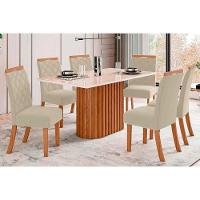 Conjunto Mesa De Cozinha Solana Com Tampo Madeirado Com Vidro Reto 160x90cm E 6 Cadeiras Bella Nature Linho Henn - 1