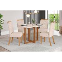 Conjunto Mesa De Cozinha Natalí Com Tampo Madeirado Com Vidro Curvo 120x80cm E 4 Cadeiras Bella Nature Linho Henn - 1