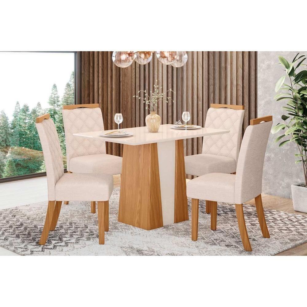 Conjunto Mesa De Cozinha Orus Tampo Madeirado Com Vidro 120x80cm E 4 Cadeiras Bella Nature Linho Henn - 1