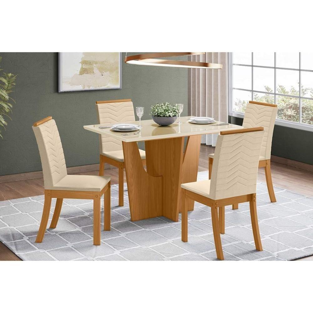 Conjunto Mesa De Cozinha Vértice Tampo Madeirado Com Vidro Canto Reto 120x80cm E 4 Cadeiras Isa Nature Linho Henn - 1