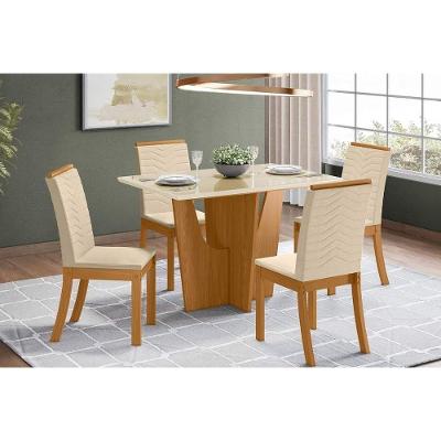 Conjunto Mesa De Cozinha Vértice Tampo Madeirado Com Vidro Canto Reto 120x80cm E 4 Cadeiras Isa Nature Linho Henn