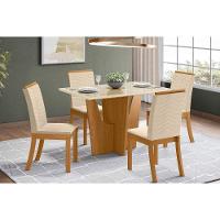 Conjunto Mesa De Cozinha Vértice Tampo Madeirado Com Vidro Canto Reto 120x80cm E 4 Cadeiras Isa Nature Linho Henn - 1