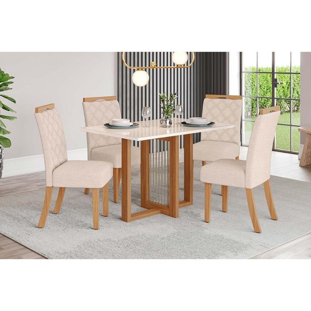 Conjunto Mesa De Cozinha Natalí Com Tampo Madeirado Com Vidro Reto 120x80cm E 4 Cadeiras Bella Nature Linho Henn - 1