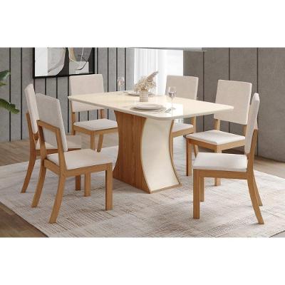 Conjunto Mesa De Cozinha Luiza Com Tampo Curvo Madeirado Com Vidro 160x80cm E 6 Cadeiras Milla Nature Linho Henn
