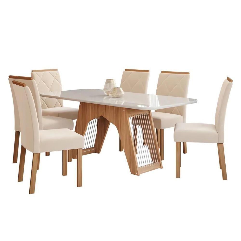 Conjunto Mesa De Cozinha Carol Tampo Madeirado Com Vidro 180x90cm E 6 Cadeiras Fernanda Madeirado Linho Grafite Cimol - 9