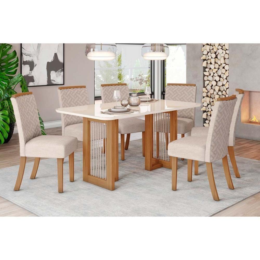 Conjunto Mesa De Cozinha Yara Com Tampo Madeirado Com Vidro Curvo 160x90cm E 6 Cadeiras Malu Nature Linho Henn - 1