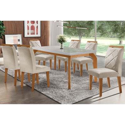 Conjunto Mesa De Cozinha Londrina Tampo Madeirado Com Vidro 180x90cm E 6 Cadeiras Melissa Capuccino Suede Creme Rufato