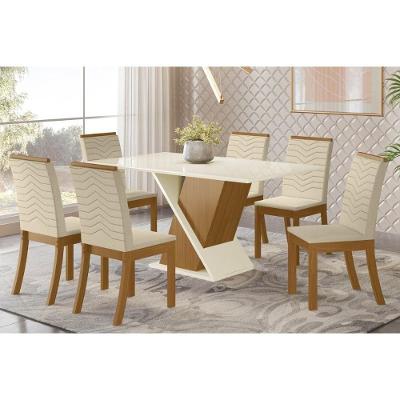 Conjunto Mesa De Cozinha Solus Com Tampo Madeirado 160x90cm E 6 Cadeiras Isa Nature Linho Henn