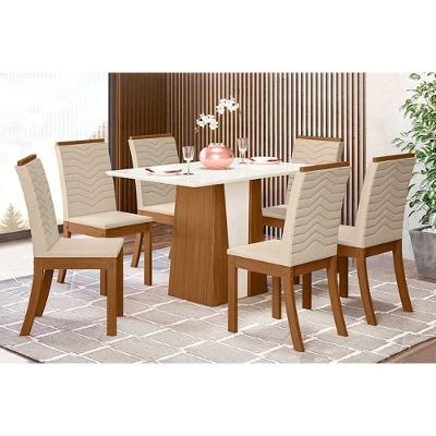 Conjunto Mesa De Cozinha Orus Tampo Madeirado Com Vidro 120x80cm E 6 Cadeiras Isa Nature Linho Henn