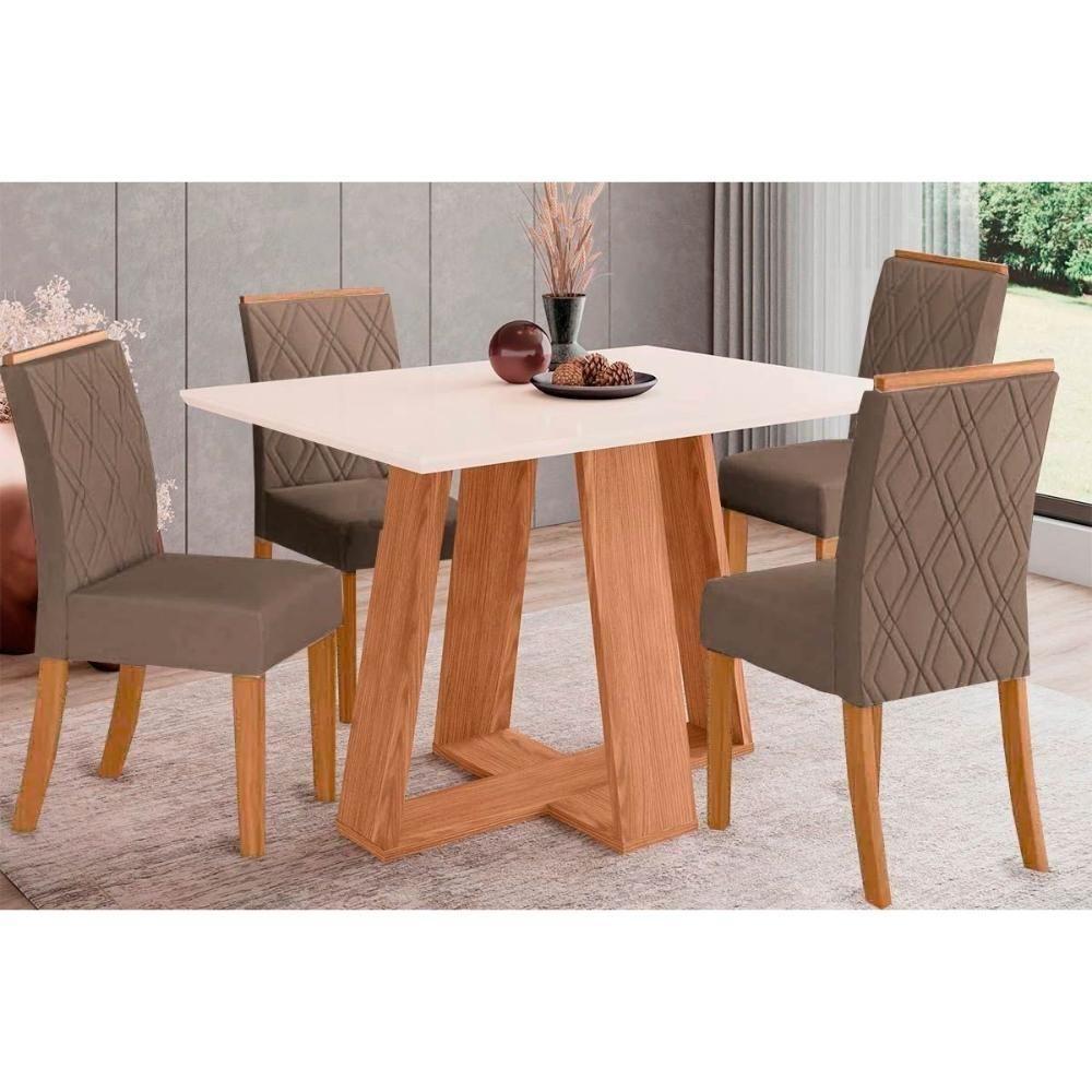 Conjunto Mesa De Cozinha Lins Com Tampo Madeirado 120x80cm E 4 Cadeiras Vita Nature Off White Suede Marrom Henn - 1
