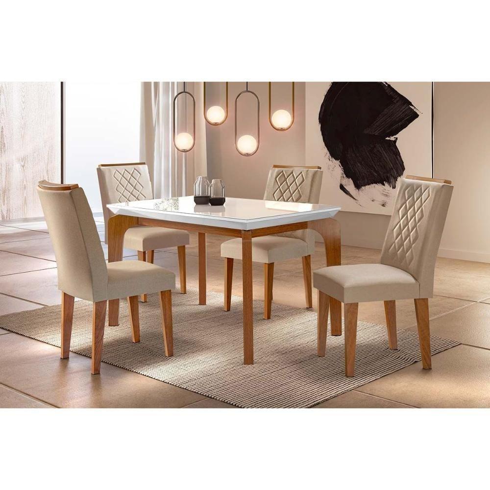 Conjunto Mesa De Cozinha Londrina Tampo Madeirado Com Vidro 120x80cm E 4 Cadeiras Jade Capuccino Suede Creme Rufato - 1