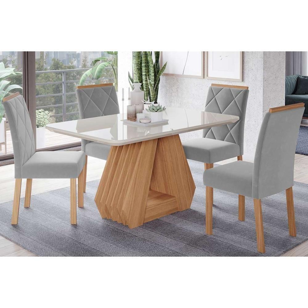 Conjunto Mesa De Cozinha ágata Tampo Madeirado Com Vidro 130x80cm E 4 Cadeiras Fernanda Madeirado Linho Grafite Cimol - 1