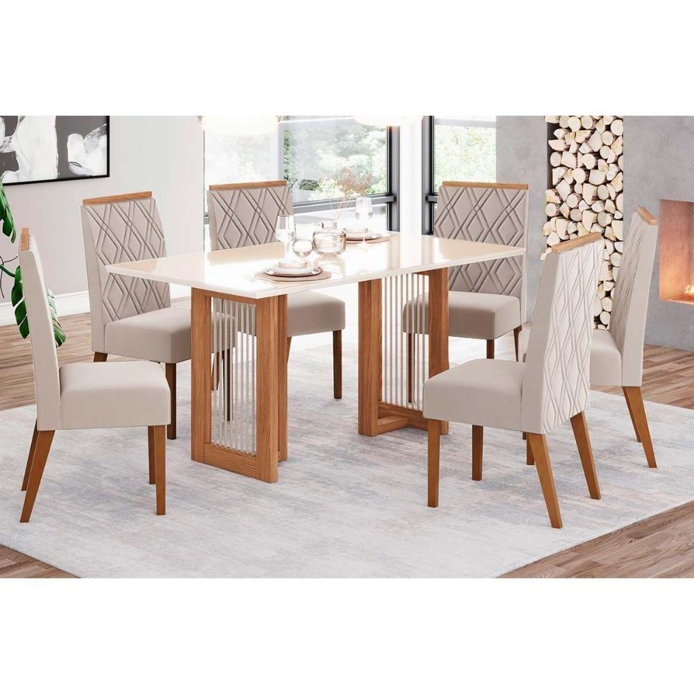 Conjunto Mesa De Cozinha Yara Sc79 Tampo Madeirado Com Vidro Canto Curvo 160x90cm E 6 Cadeiras Vita Nature Linho Henn - 1