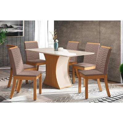 Conjunto Mesa De Cozinha Luiza Tampo Madeirado Com Vidro 160x90cm E 6 Cadeiras Isa Nature Suede Light Bege Henn