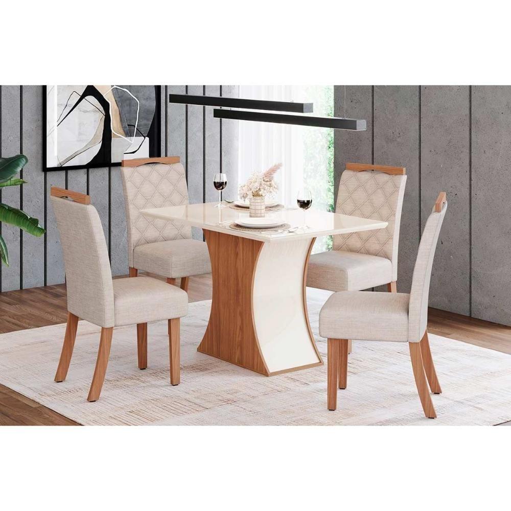 Conjunto Mesa De Cozinha Luiza Tampo Madeirado Com Vidro Canto Reto 120x80cm E 4 Cadeiras Bella Nature Linho Henn - 1