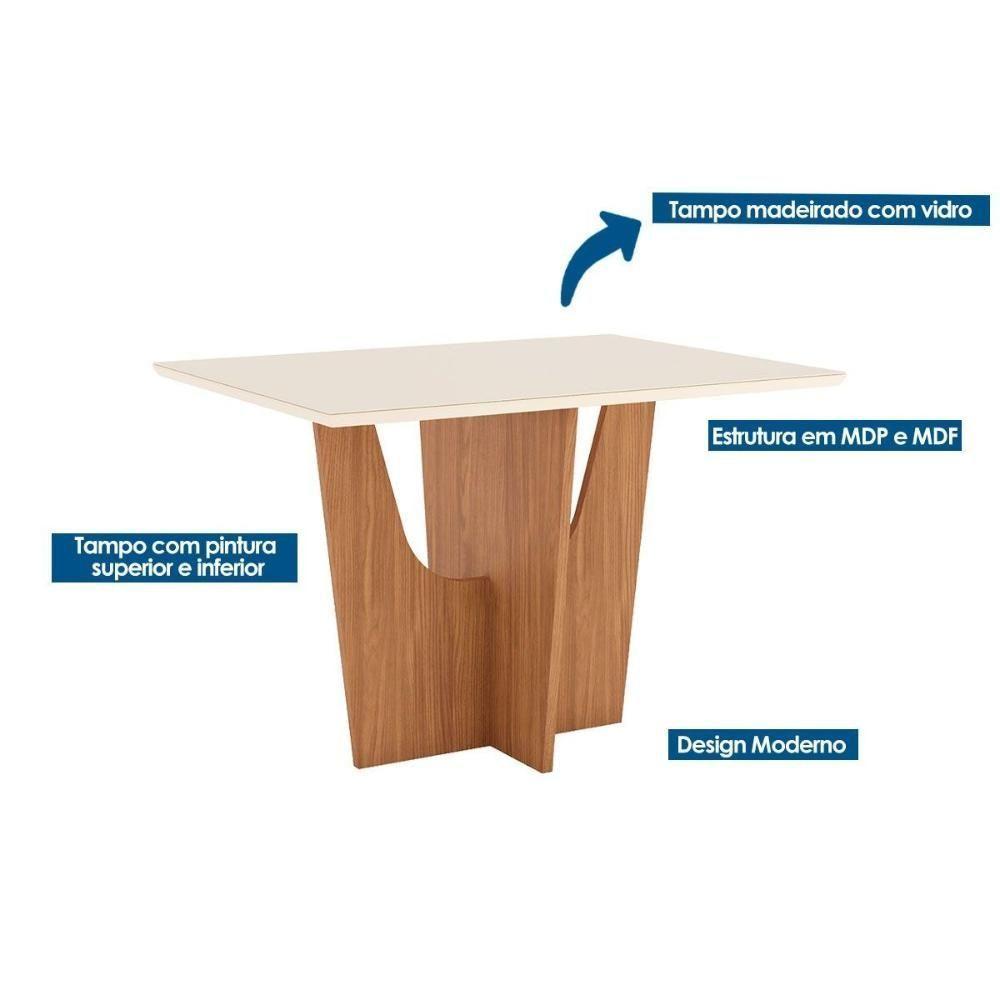 Conjunto Mesa De Cozinha Vértice Tampo Madeirado Com Vidro Canto Reto 120x80cm E 4 Cadeiras Bella Nature Linho Henn - 2
