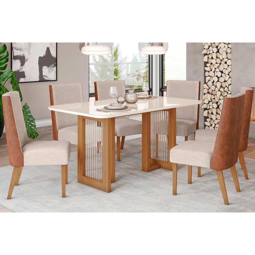 Conjunto Mesa De Cozinha Yara Com Tampo Madeirado Com Vidro Curvo 160x90cm E 6 Cadeiras Anne Nature Courano Linho Henn - 1