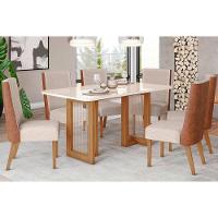 Conjunto Mesa De Cozinha Yara Com Tampo Madeirado Com Vidro Curvo 160x90cm E 6 Cadeiras Anne Nature Courano Linho Henn - 1