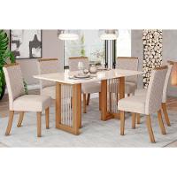 Conjunto Mesa De Cozinha Yara Com Tampo Madeirado Com Vidro Reto 160x90cm E 6 Cadeiras Malu Nature Linho Henn - 1