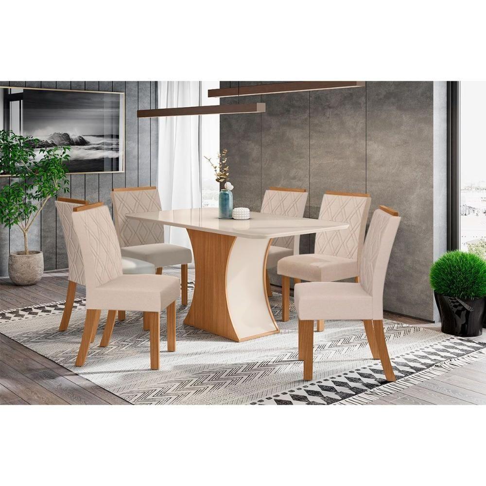 Conjunto Mesa De Cozinha Luiza Com Tampo De Vidro 160x90cm E 6 Cadeiras Vita Nature Off White Linho Bege Henn - 1