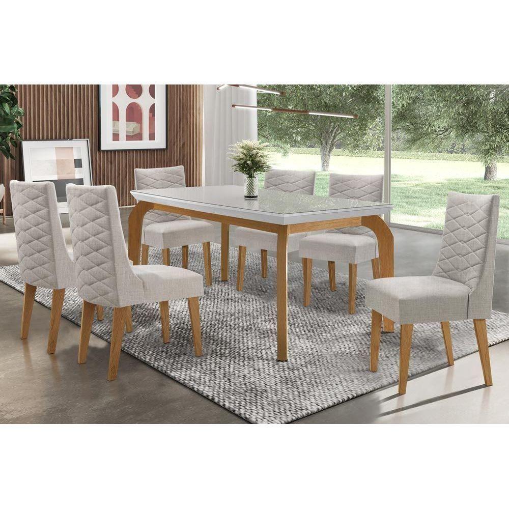 Conjunto Mesa De Cozinha Londrina Tampo Madeirado Com Vidro 180x90cm E 6 Cadeiras Dafne Capuccino Suede Creme Rufato - 1