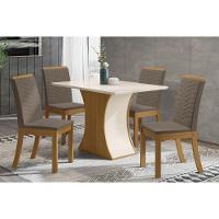 Conjunto Mesa De Cozinha Luiza Tampo Madeirado Com Vidro Reto 120x80cm E 4 Cadeiras Isa Nature Suede Light Bege Henn - 1