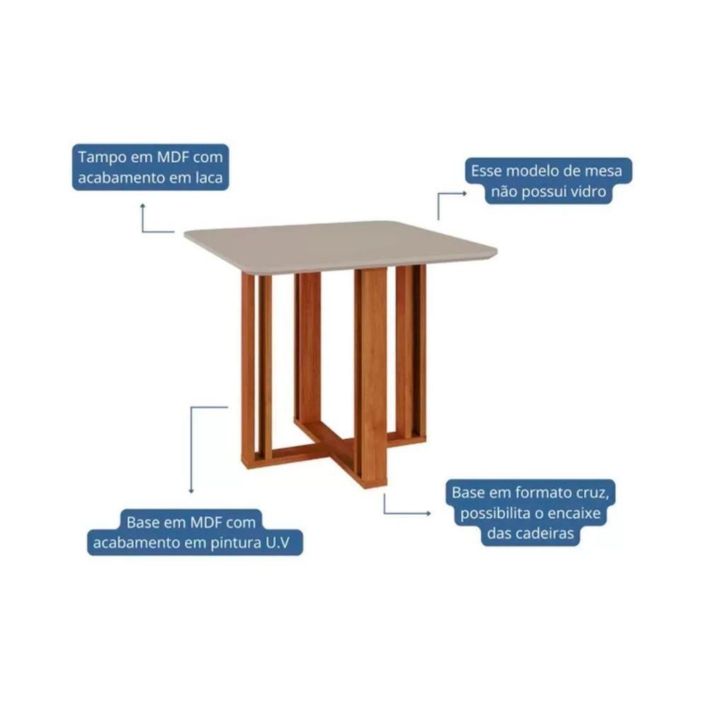 Conjunto Mesa De Cozinha Flora Com Tampo Madeirado Com Vidro 95x95cm E 4 Cadeiras Clarice Madeirado Linho Bege Cimol - 4