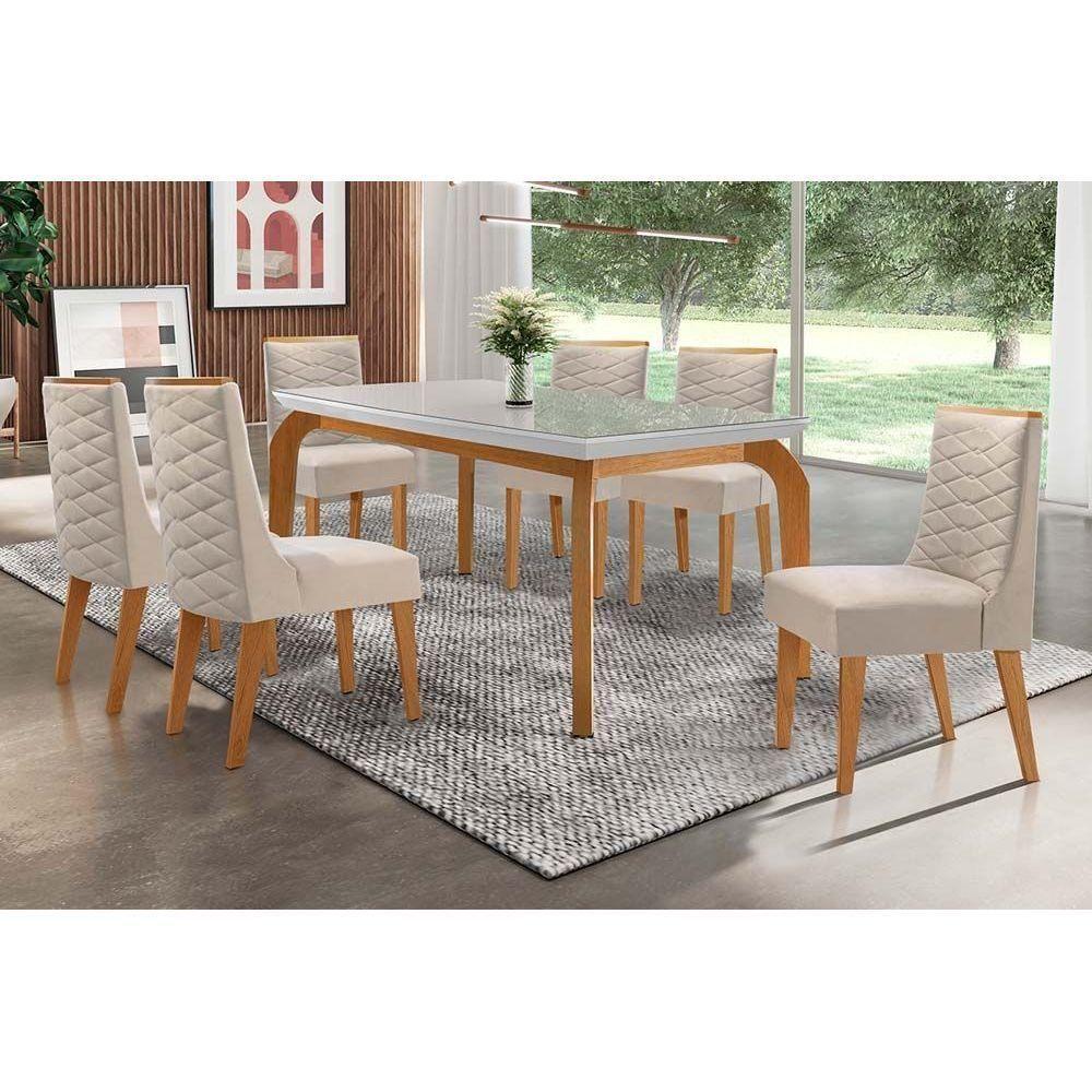 Conjunto Mesa De Cozinha Londrina Tampo Madeirado Com Vidro 180x90cm E 6 Cadeiras Dafne Capuccino Suede Creme Rufato - 1