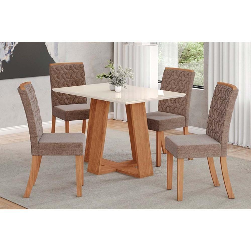 Conjunto Mesa De Cozinha Lins Com Tampo Reto Madeirado Com Vidro 120x80cm E 4 Cadeiras Esther Nature Linho Cacao Henn - 1