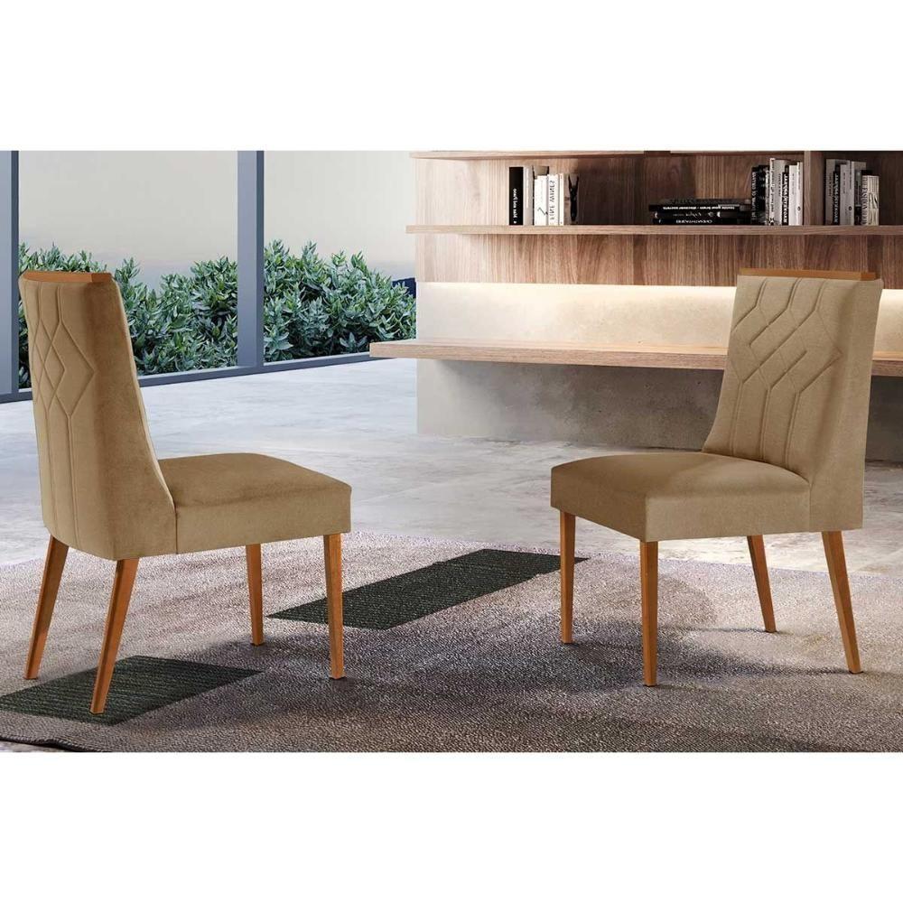 Kit 2 Cadeiras Sala Jantar Nevada 2 Un Madeira Capuccino Linho Bege Turim Rufato - 1