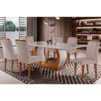 Conjunto Mesa De Cozinha Jade Tampo Madeirado Com Vidro Curvo 180x90 E 6 Cadeiras Amsterdã Imbuia Suede Creme Rufato - 1