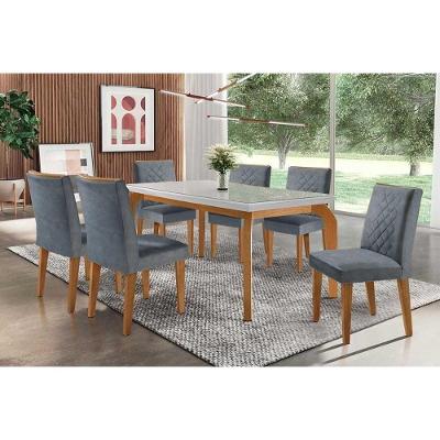 Conjunto Mesa De Cozinha Londrina Tampo Madeirado Com Vidro 180x90cm E 6 Cadeiras Jade Imbuia Grafite Rufato
