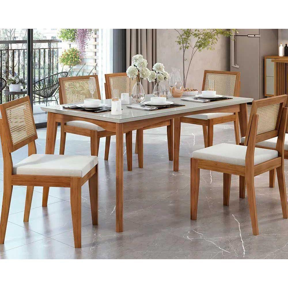 Conjunto Mesa De Cozinha Monalisa Com Tampo Madeirado Com Vidro 160cm E 6 Cadeiras Rainha Natural Nesher - 1