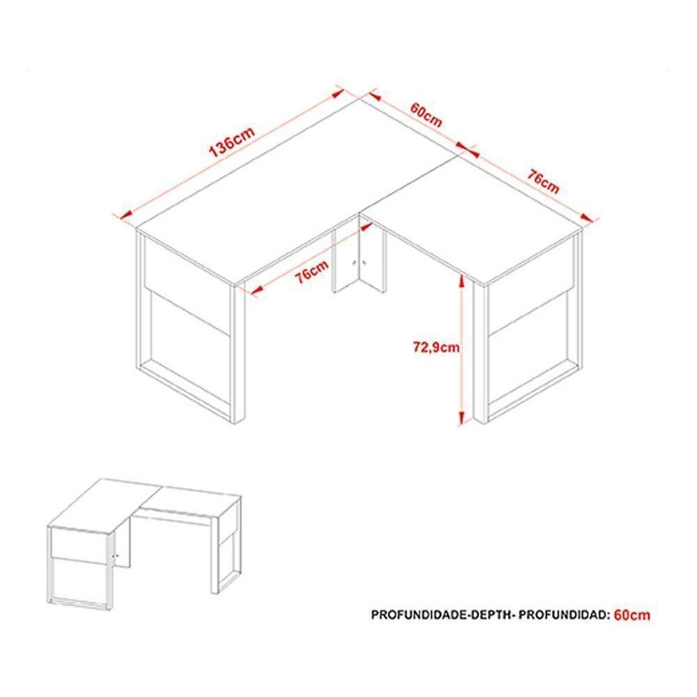 Mesa Multiuso Escritório Canto Me4181 Amêndoa Preto Tecno Mobili - 4