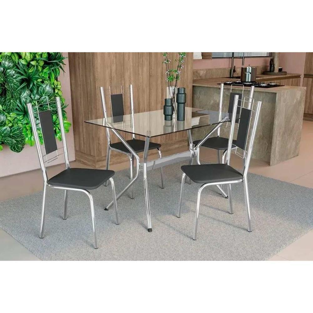 Conjunto Mesa De Cozinha Loire Com Tampo De Vidro 120x80cm E 4 Cadeiras Florença Cromada Courano Preto Kappesberg - 1