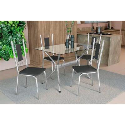 Conjunto Mesa De Cozinha Loire Com Tampo De Vidro 120x80cm E 4 Cadeiras Florença Cromada Courano Preto Kappesberg