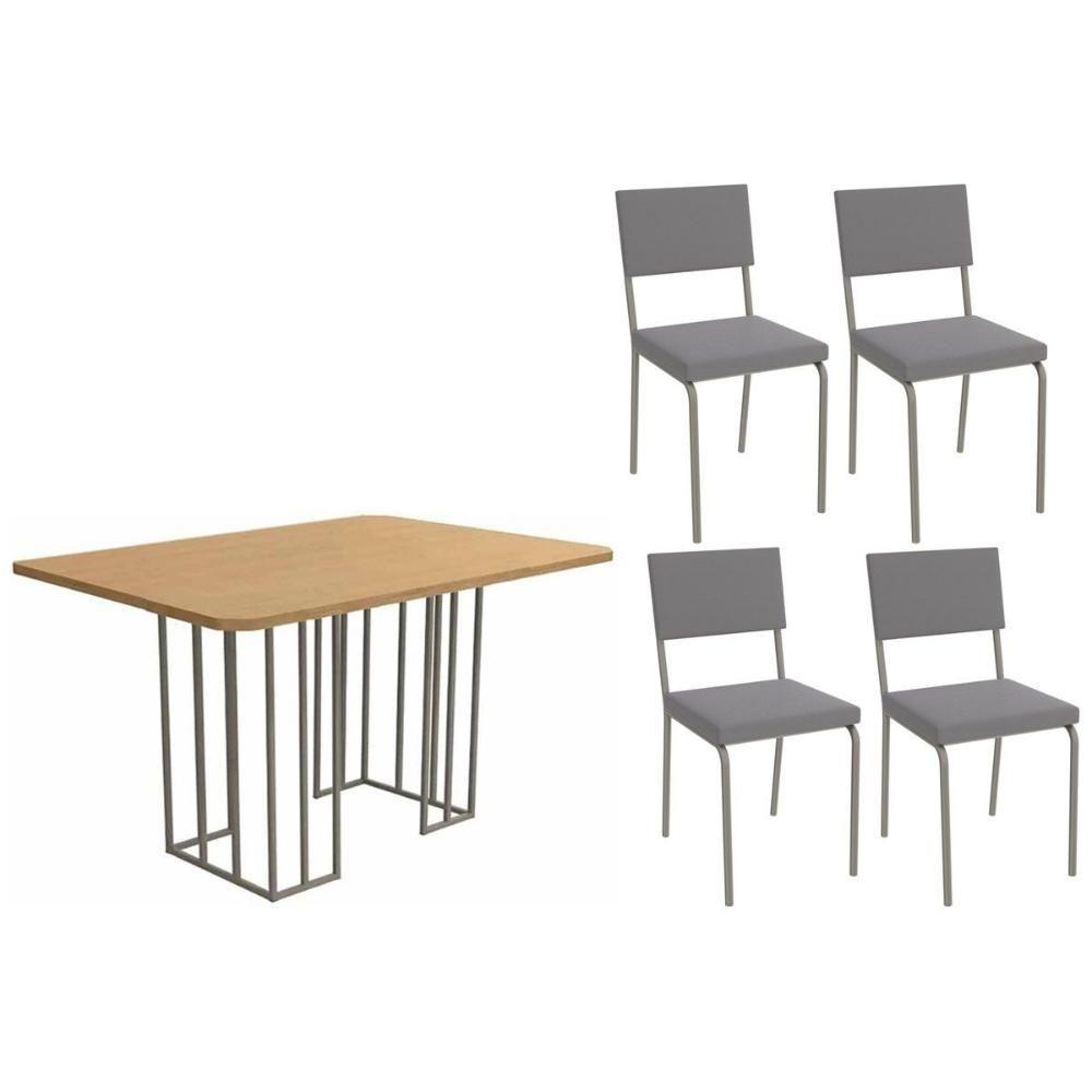 Conjunto Mesa De Cozinha Duina Com Tampo De Madeira 136cm E 4 Cadeiras Zaria Niquel Freijó Suede Cinza Kappesberg - 1