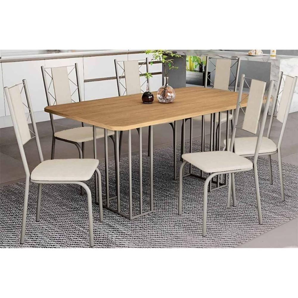 Conjunto Mesa De Cozinha Duina Com Tampo De Madeira 160cm E 6 Cadeiras Lisboa Niquel Freijó Courano Bege Kappesberg - 1