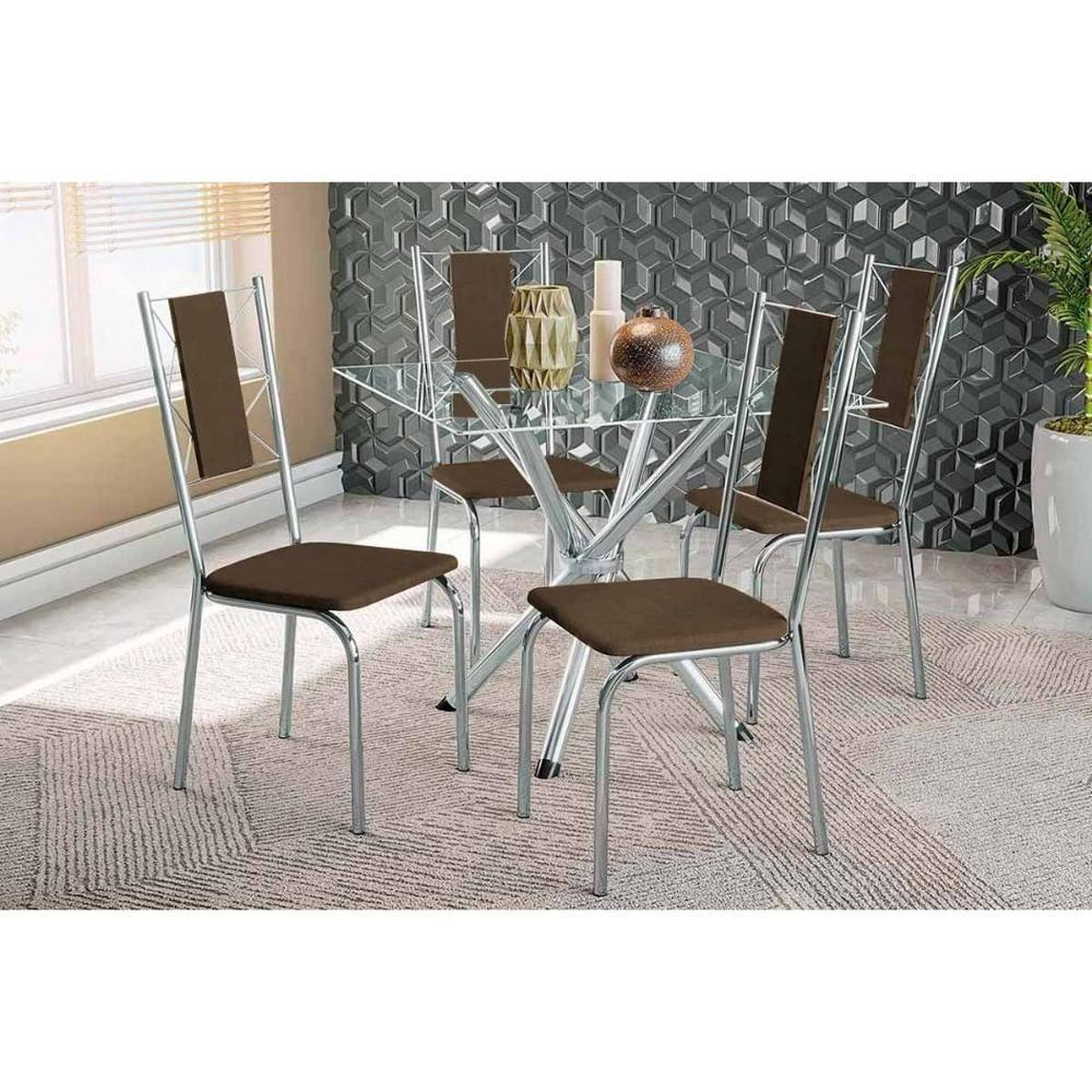 Conjunto Mesa De Cozinha Volga Com Tampo De Vidro 90cm E 4 Cadeiras Lisboa Cromada Courano Marrom Kappesberg - 1