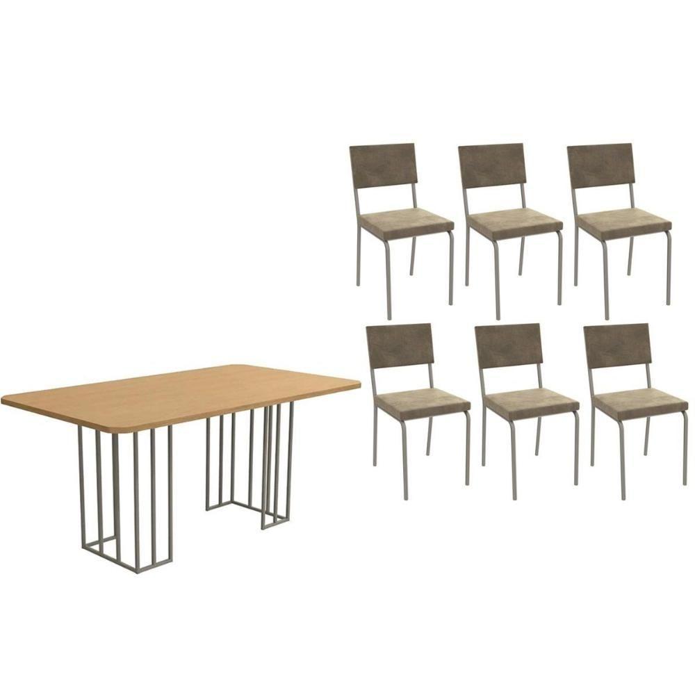 Conjunto Mesa De Cozinha Duina Com Tampo De Madeira 160cm E 6 Cadeiras Zaria Niquel Freijó Suede Bege Kappesberg - 1